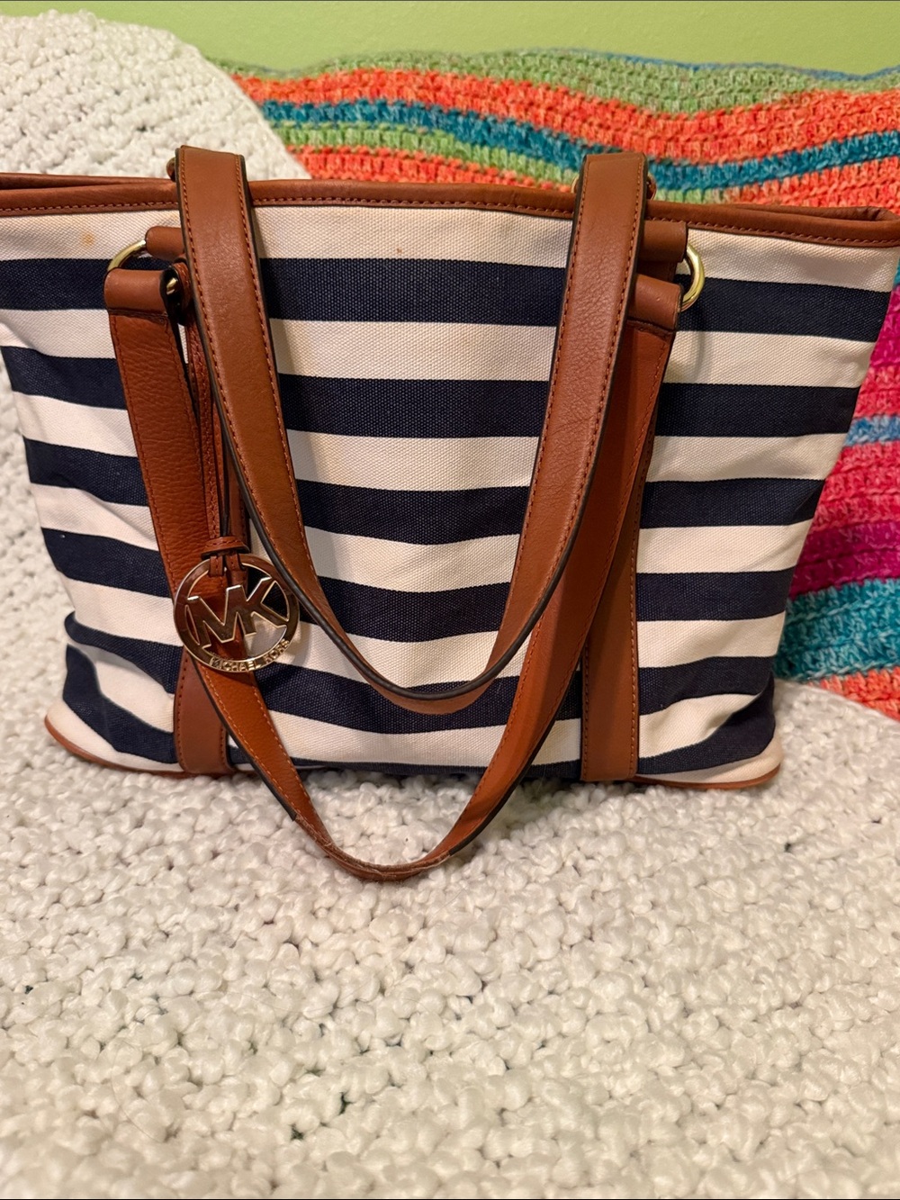 Michael Kors Navy and White Striped Tote with Brown Trim